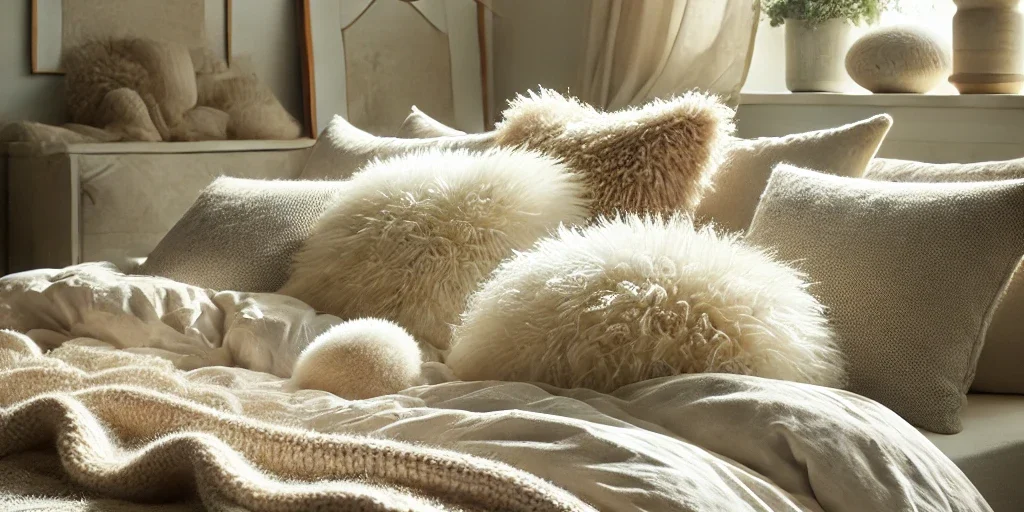 DALL·E 2024-12-03 16.20.25 – A peaceful bedroom scene with a bed covered with an alpaca wool duvet and pillows. The room should have natural light streaming in through the window,