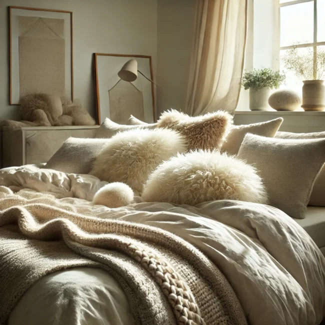DALL·E 2024-12-03 16.20.25 – A peaceful bedroom scene with a bed covered with an alpaca wool duvet and pillows. The room should have natural light streaming in through the window,