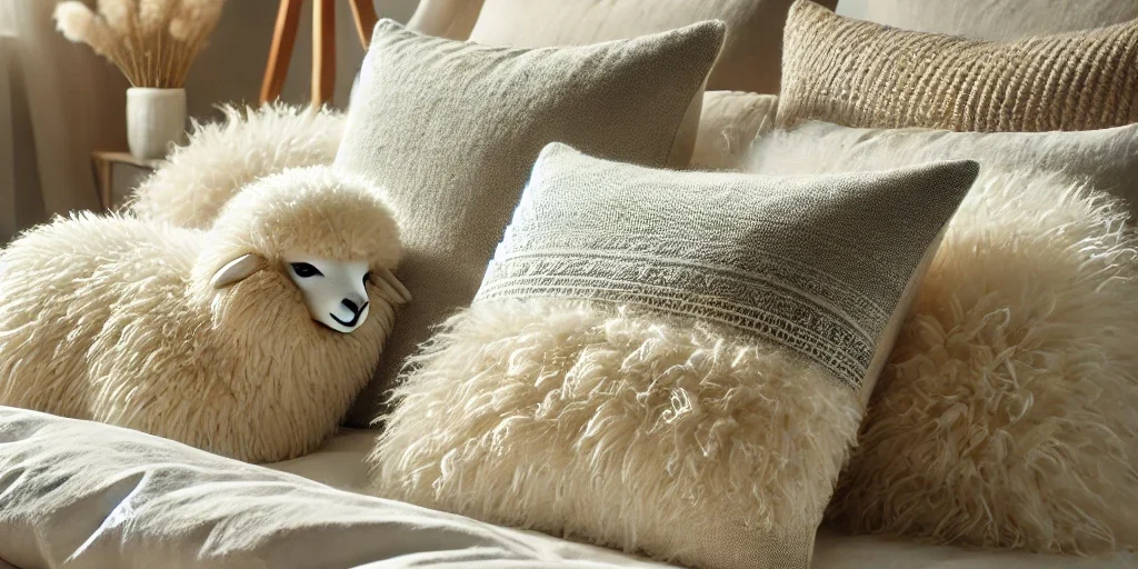DALL·E 2024-12-03 16.20.52 – A close-up shot of an alpaca wool pillow and duvet set on a cozy, inviting bed. The bedding should showcase the soft texture of alpaca wool, with natu