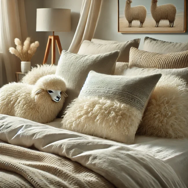 DALL·E 2024-12-03 16.20.52 – A close-up shot of an alpaca wool pillow and duvet set on a cozy, inviting bed. The bedding should showcase the soft texture of alpaca wool, with natu