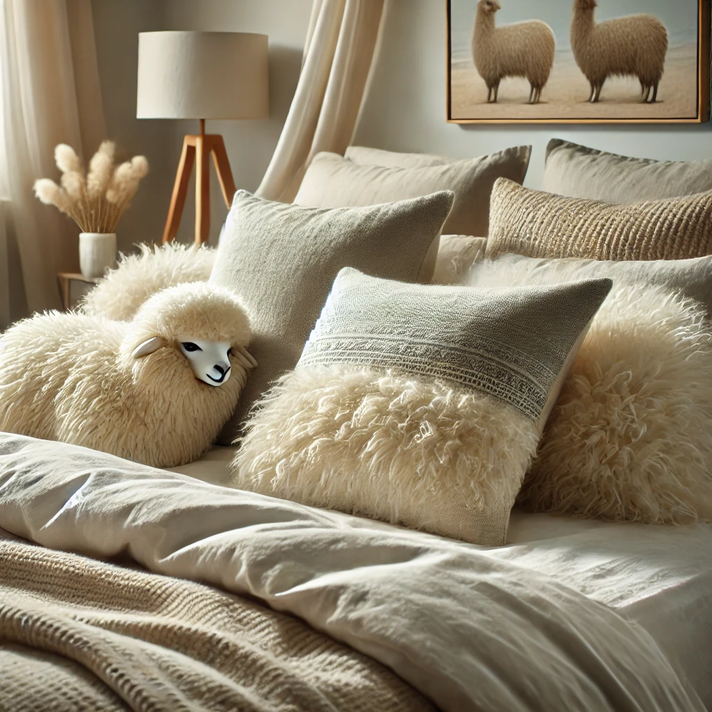 DALL·E 2024-12-03 16.20.52 – A close-up shot of an alpaca wool pillow and duvet set on a cozy, inviting bed. The bedding should showcase the soft texture of alpaca wool, with natu