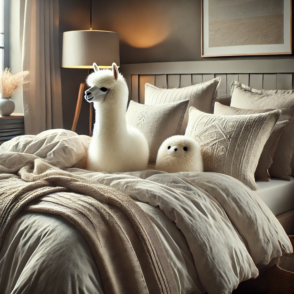 DALL·E 2024-12-03 16.21.07 – A peaceful and serene bedroom setting featuring an alpaca wool duvet and pillow set. The scene should emphasize comfort and relaxation, with soft, neu