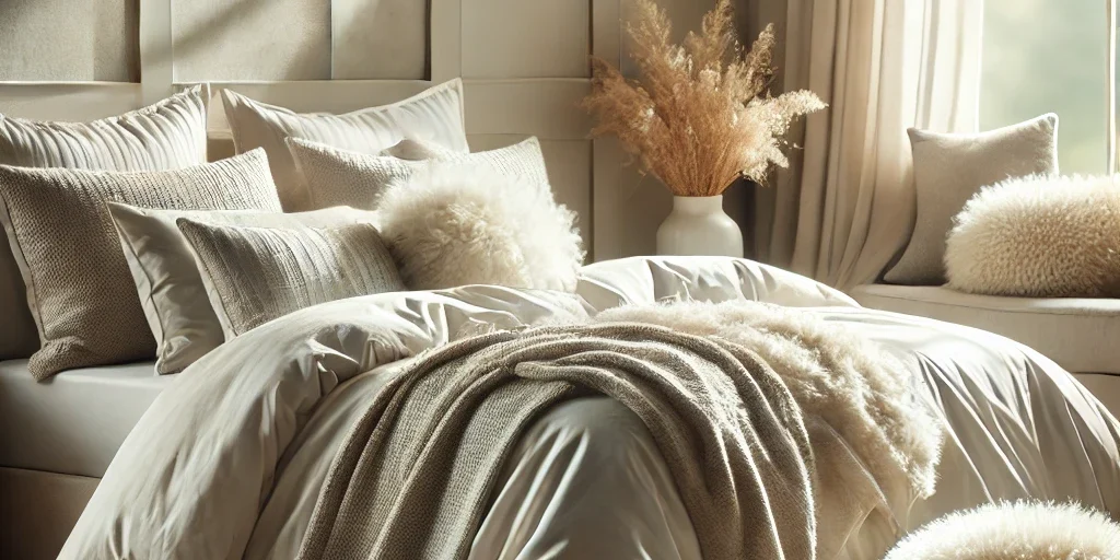 DALL·E 2024-12-03 16.21.22 – A tranquil and modern bedroom featuring alpaca wool bedding, including a duvet and pillows. The scene highlights the softness, natural texture, and hy
