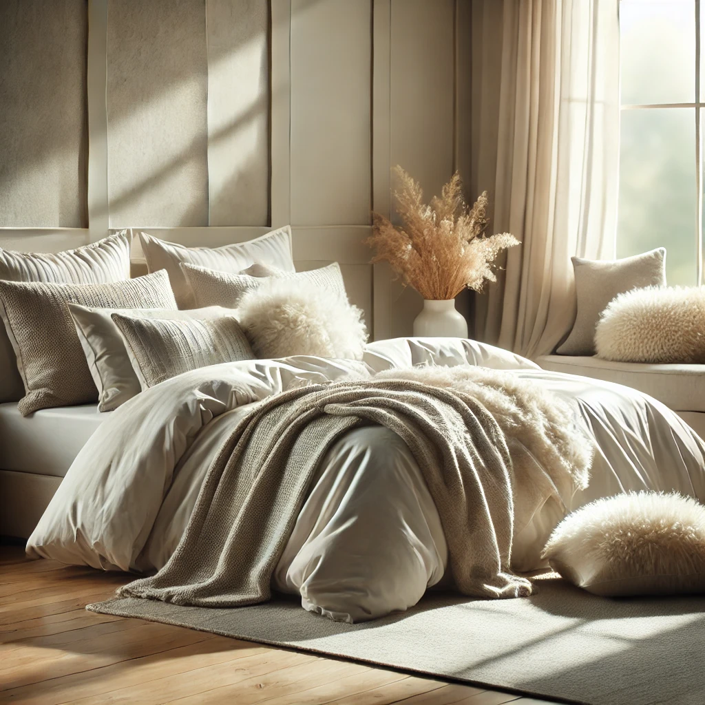 DALL·E 2024-12-03 16.21.22 – A tranquil and modern bedroom featuring alpaca wool bedding, including a duvet and pillows. The scene highlights the softness, natural texture, and hy