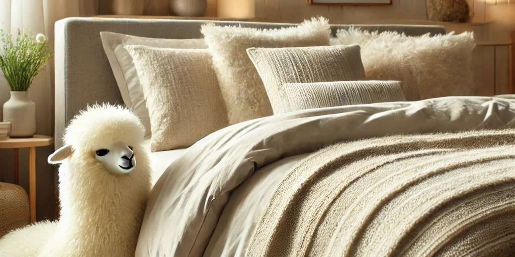 DALL·E 2024-12-03 16.21.32 – A cozy bedroom interior featuring a luxurious alpaca wool duvet and pillow set on a stylish bed. The bedding is arranged in a way that emphasizes the