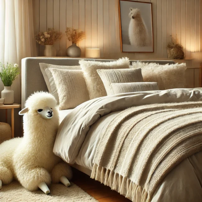 DALL·E 2024-12-03 16.21.32 – A cozy bedroom interior featuring a luxurious alpaca wool duvet and pillow set on a stylish bed. The bedding is arranged in a way that emphasizes the