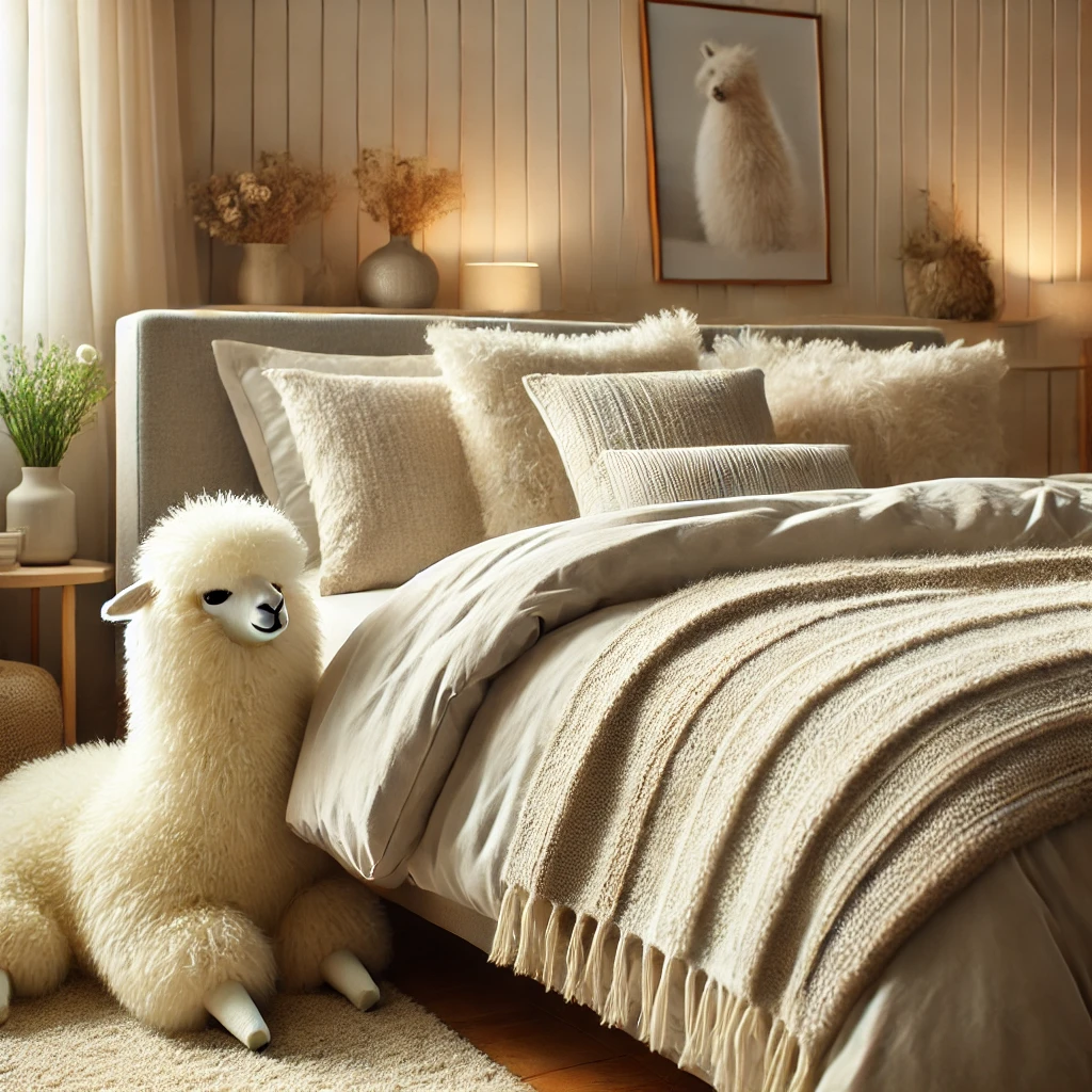 DALL·E 2024-12-03 16.21.32 – A cozy bedroom interior featuring a luxurious alpaca wool duvet and pillow set on a stylish bed. The bedding is arranged in a way that emphasizes the