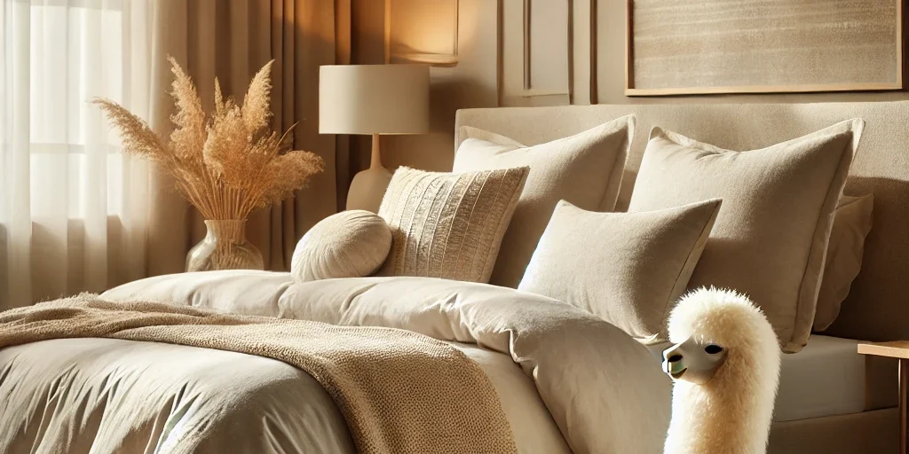DALL·E 2024-12-03 16.21.42 – A luxurious and warm bedroom featuring a high-quality alpaca wool duvet and pillows on a well-made bed. The setting emphasizes the eco-friendly and hy