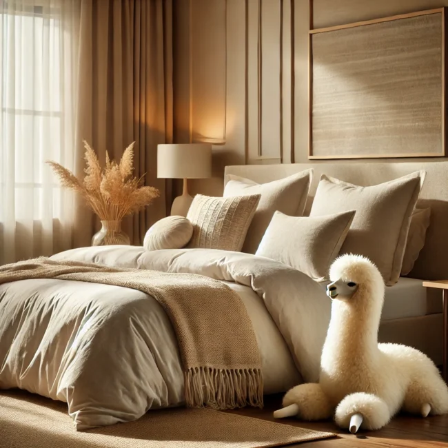 DALL·E 2024-12-03 16.21.42 – A luxurious and warm bedroom featuring a high-quality alpaca wool duvet and pillows on a well-made bed. The setting emphasizes the eco-friendly and hy