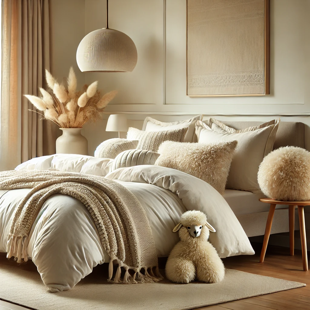 DALL·E 2024-12-03 16.21.57 – A stylish and serene bedroom setting with alpaca wool bedding, including a duvet and pillow set on a neatly made bed. The alpaca wool products are sho